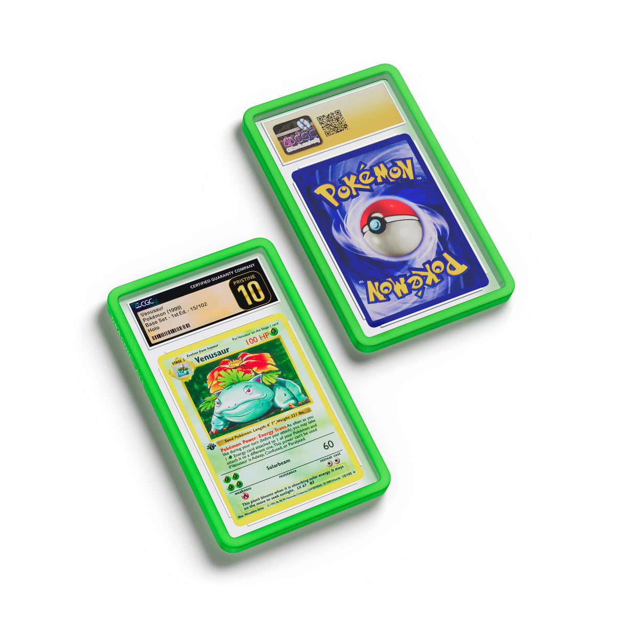 Top-down flat view of a CGC slab in Solid Green Dragonscale bumper guard, featuring a Venusaur 1st Edition Base Set CGC 10 Pokemon card.
