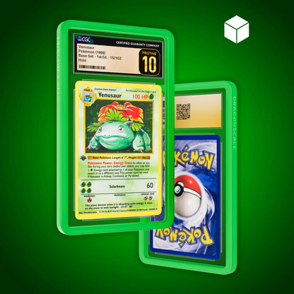 Front and back view of a CGC slab in Solid Green Dragonscale bumper guard, featuring a Venusaur 1st Edition Base Set CGC 10 Pokemon card.
