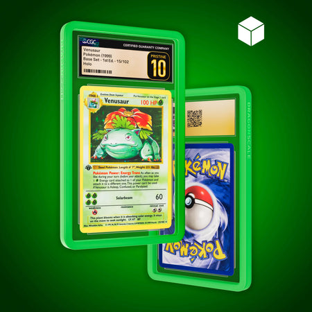 Front and back view of a CGC slab in Solid Green Dragonscale bumper guard, featuring a Venusaur 1st Edition Base Set CGC 10 Pokemon card.
