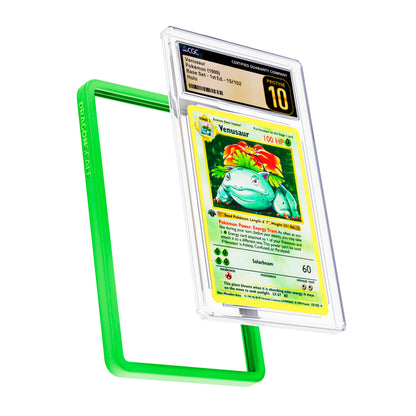 Display and demo view of a CGC slab in Solid Green Dragonscale bumper guard, featuring a Venusaur 1st Edition Base Set CGC 10 Pokemon card.
