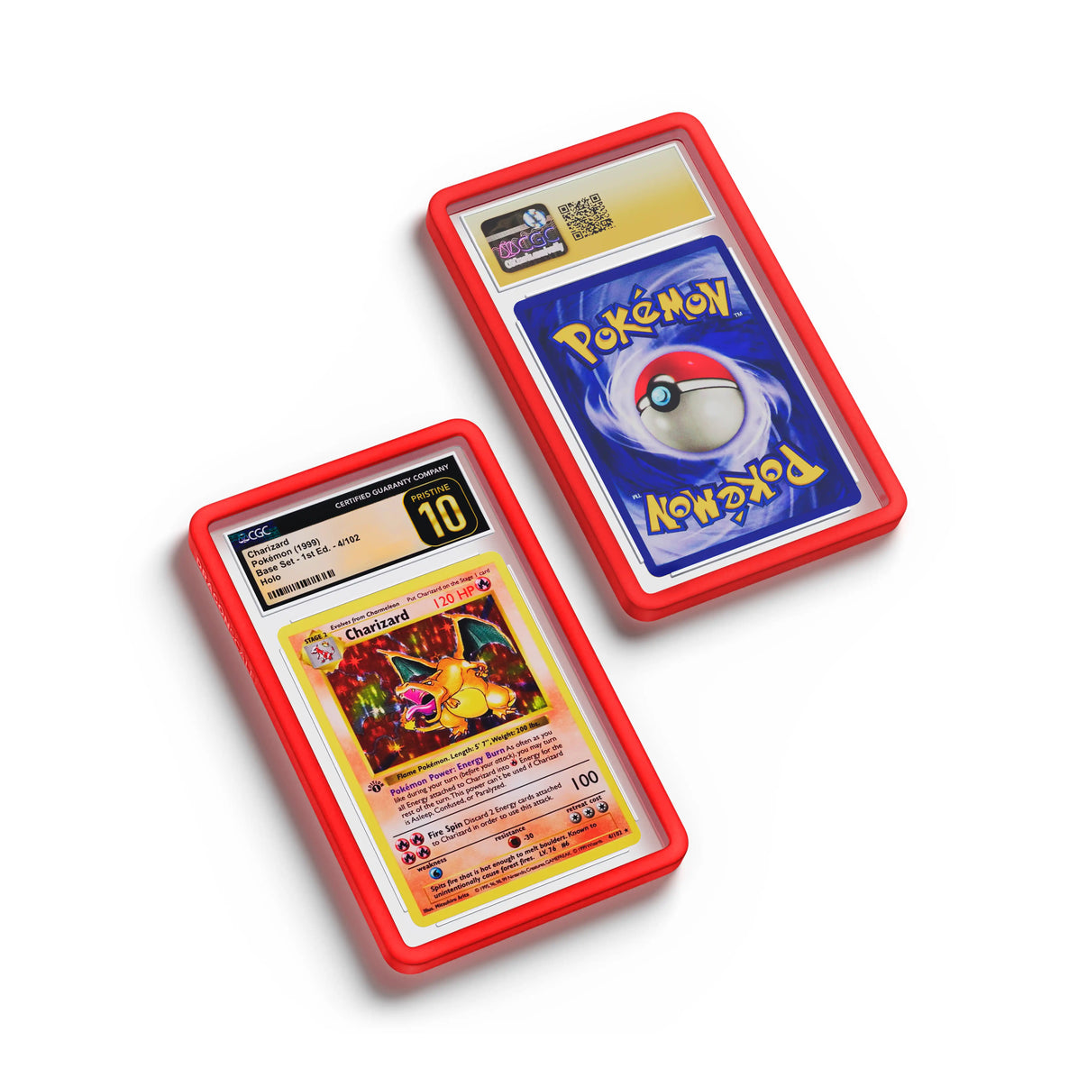 Top-down flat view of a CGC slab in Solid Red Dragonscale bumper guard, featuring a Charizard 1st Edition Base Set CGC 10 Pokemon card.
