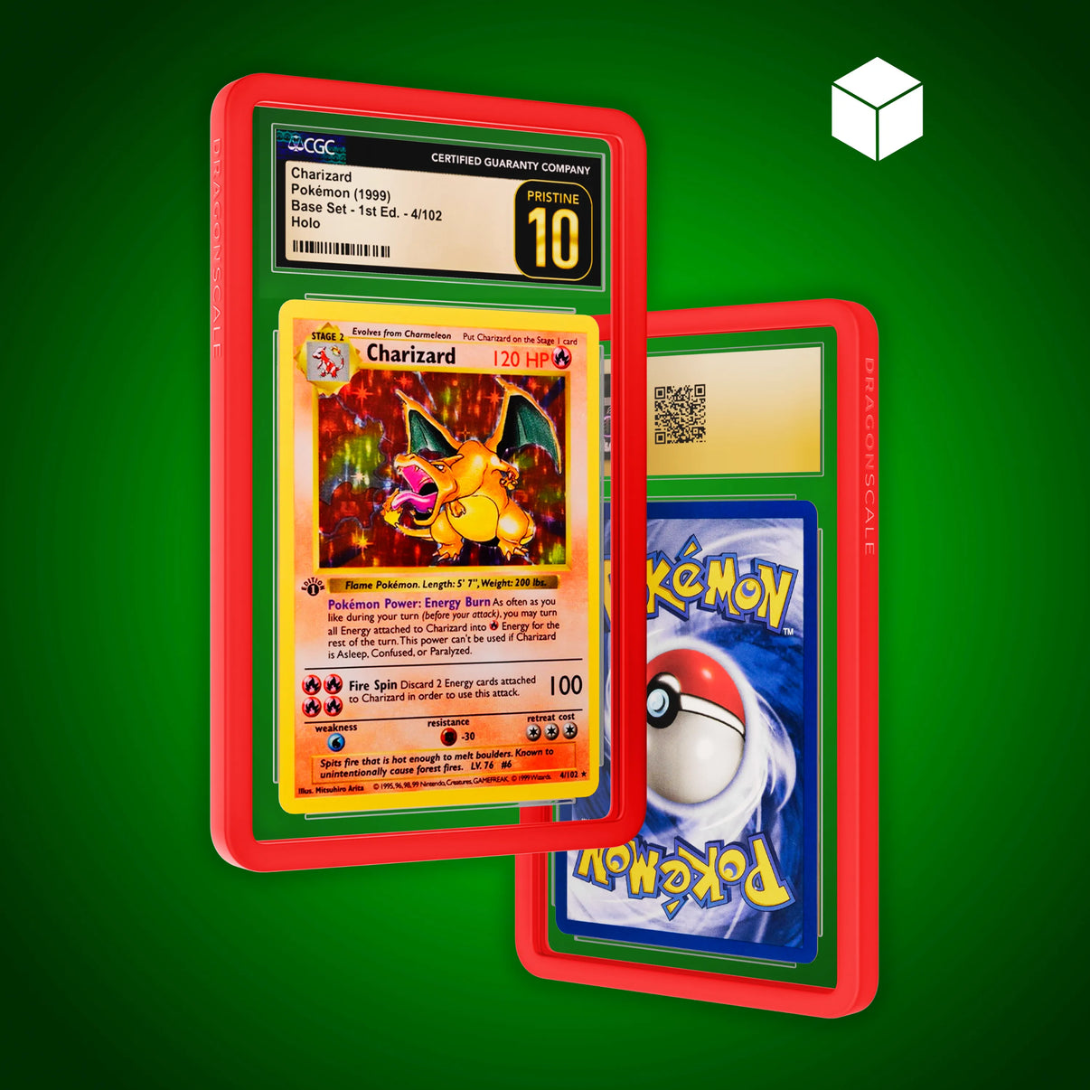 Front and back view of a CGC slab in Solid Red Dragonscale bumper guard, featuring a Charizard 1st Edition Base Set CGC 10 Pokemon card.
