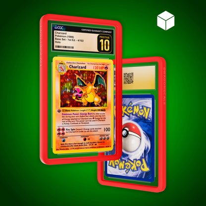 Front and back view of a CGC slab in Solid Red Dragonscale bumper guard, featuring a Charizard 1st Edition Base Set CGC 10 Pokemon card.
