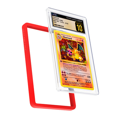 Display and demo view of a CGC slab in Solid Red Dragonscale bumper guard, featuring a Charizard 1st Edition Base Set CGC 10 Pokemon card.
