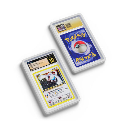 Top-down flat view of a CGC slab in Solid White Dragonscale bumper guard, featuring a Lugia  Neo Genesis CGC 10 Pokemon card.
