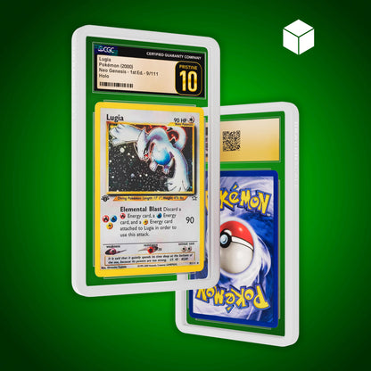 Front and back view of a CGC slab in Solid White Dragonscale bumper guard, featuring a Lugia  Neo Genesis CGC 10 Pokemon card.
