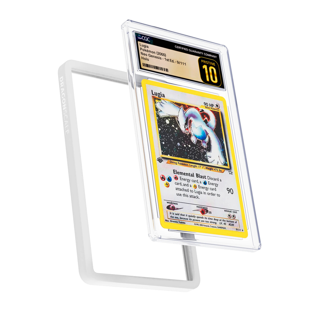 Display and demo view of a CGC slab in Solid White Dragonscale bumper guard, featuring a Lugia  Neo Genesis CGC 10 Pokemon card.