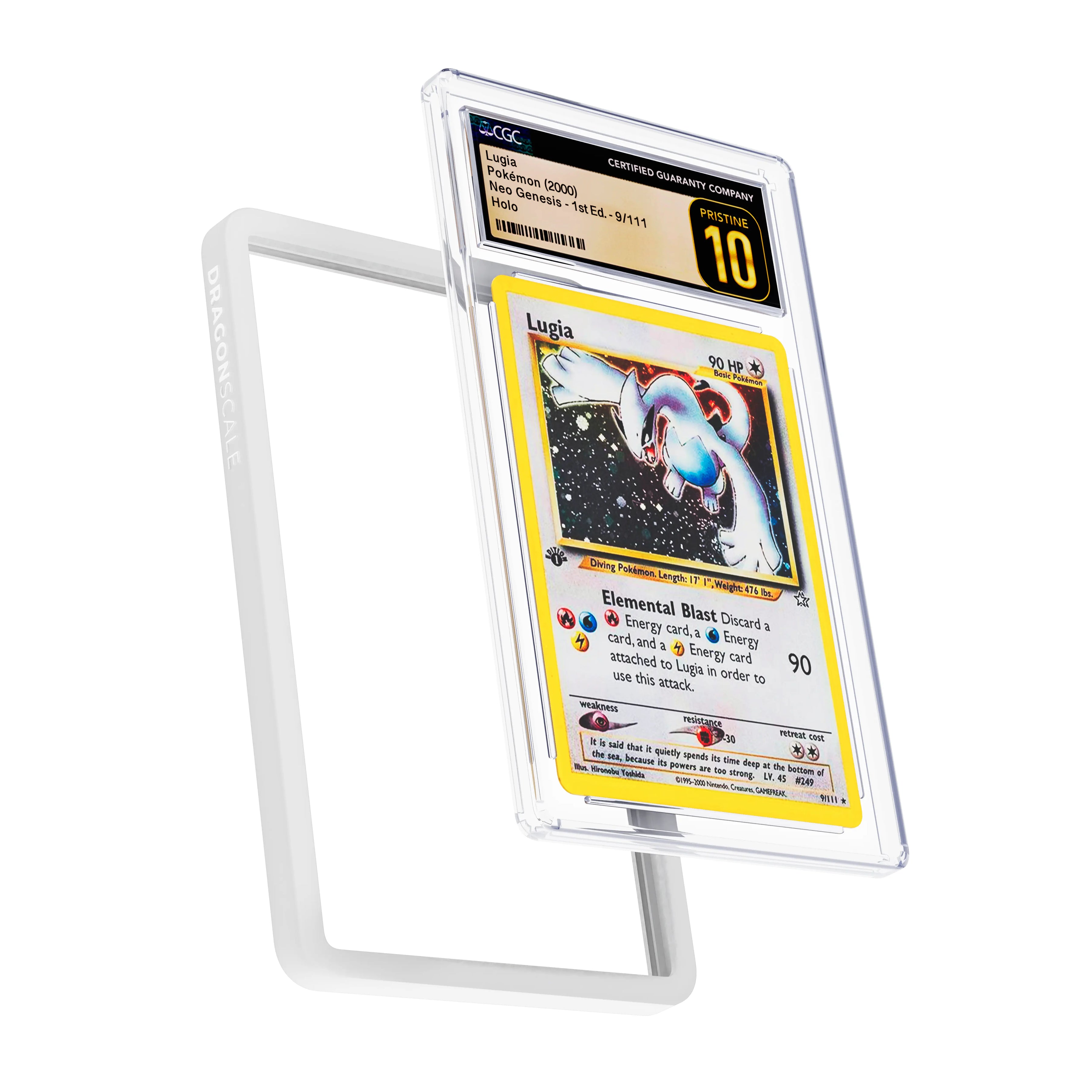 Display and demo view of a CGC slab in Solid White Dragonscale bumper guard, featuring a Lugia  Neo Genesis CGC 10 Pokemon card.