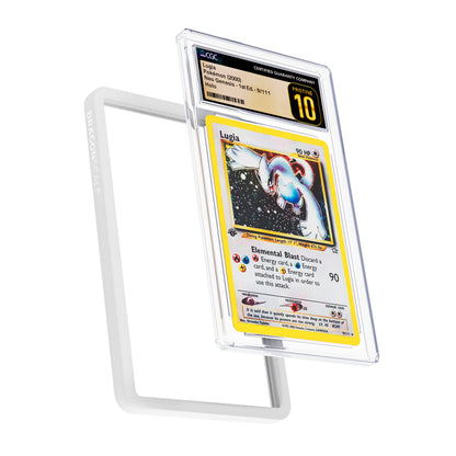Display and demo view of a CGC slab in Solid White Dragonscale bumper guard, featuring a Lugia  Neo Genesis CGC 10 Pokemon card.