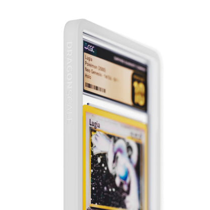 Close up logo zoom view of a CGC slab in Solid White Dragonscale bumper guard, featuring a Lugia  Neo Genesis CGC 10 Pokemon card.
