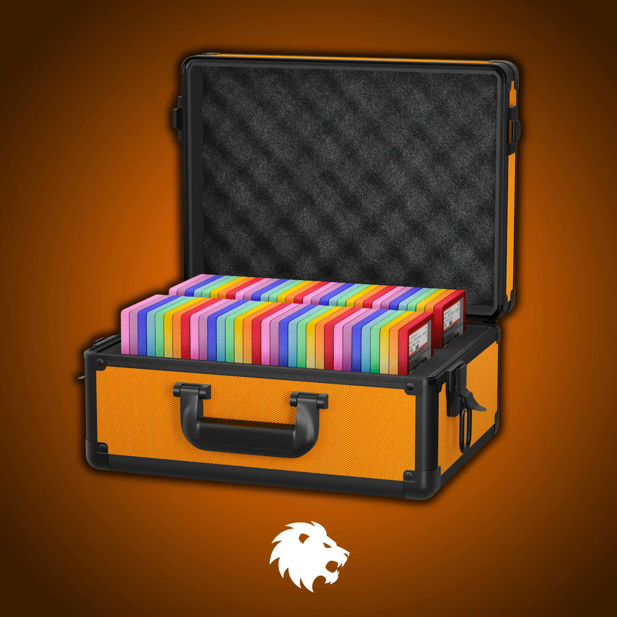Open view of the Dragonscale Chimera X-30 Compact metal slab case in orange holding 64 PSA slabs with Dragonscale guards