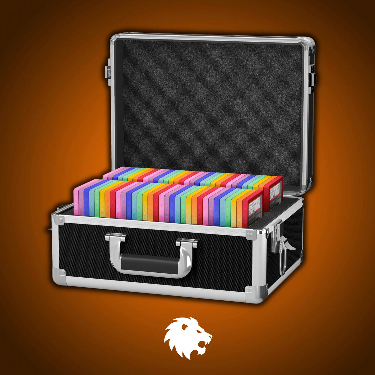 Open view of the Dragonscale Chimera X-30 Precision metal slab case in carbon steel holding 15 PSA slabs with Dragonscale guards