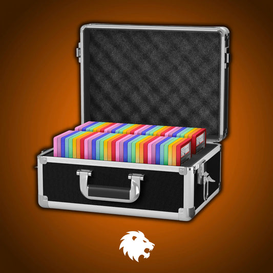 Open view of the Dragonscale Chimera X-30 Precision metal slab case in carbon steel holding 15 PSA slabs with Dragonscale guards