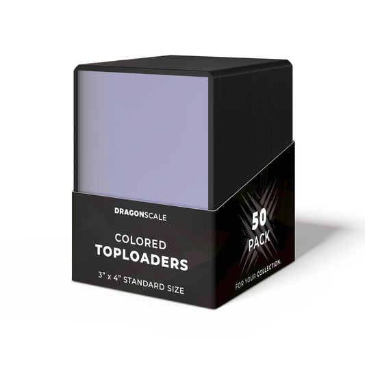 Packaging view of the Dragonscale 50 pack Colored Toploader Black for Standard Trading Cards with Dragonscale packaging box and label.
