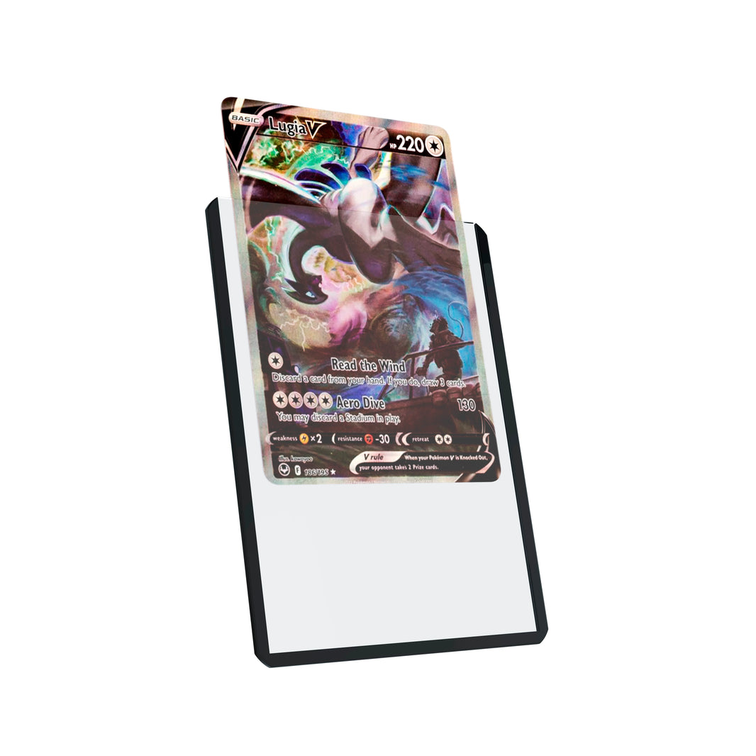 Display and demo view of a PSA slab in Dragonscale Colored Toploader Black, featuring a Lugia V Silver Tempest PSA 10 Pokemon card.
