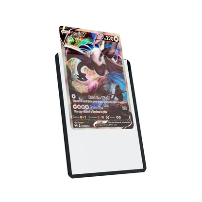 Display and demo view of a PSA slab in Dragonscale Colored Toploader Black, featuring a Lugia V Silver Tempest PSA 10 Pokemon card.
