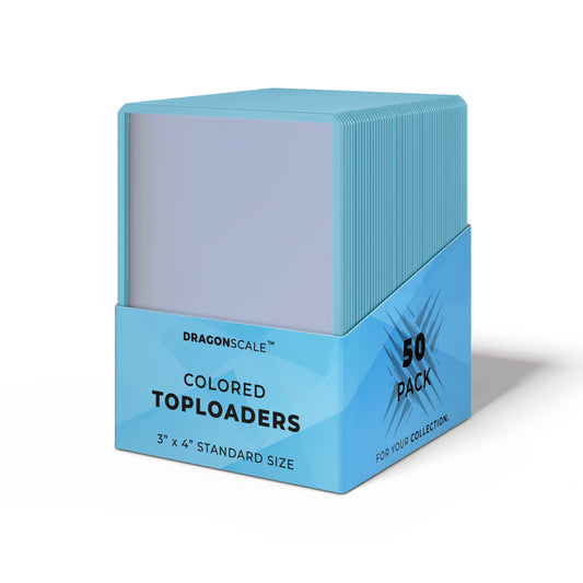 Packaging view of the Dragonscale 50 pack Colored Toploader Cyan for Standard Trading Cards with Dragonscale packaging box and label.