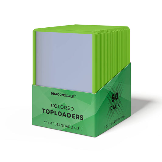 Packaging view of the Dragonscale 50 pack Colored Toploader Green for Standard Trading Cards with Dragonscale packaging box and label.
