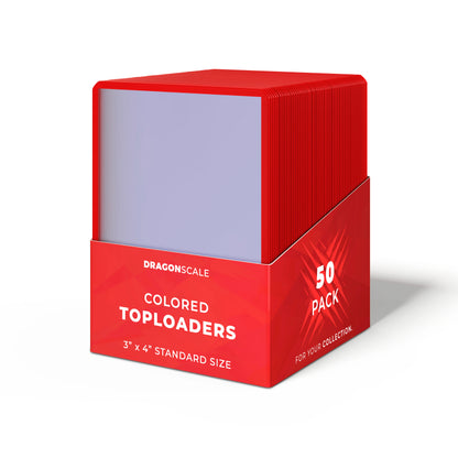 Packaging view of the Dragonscale 50 pack Colored Toploader Red for Standard Trading Cards with Dragonscale packaging box and label.
