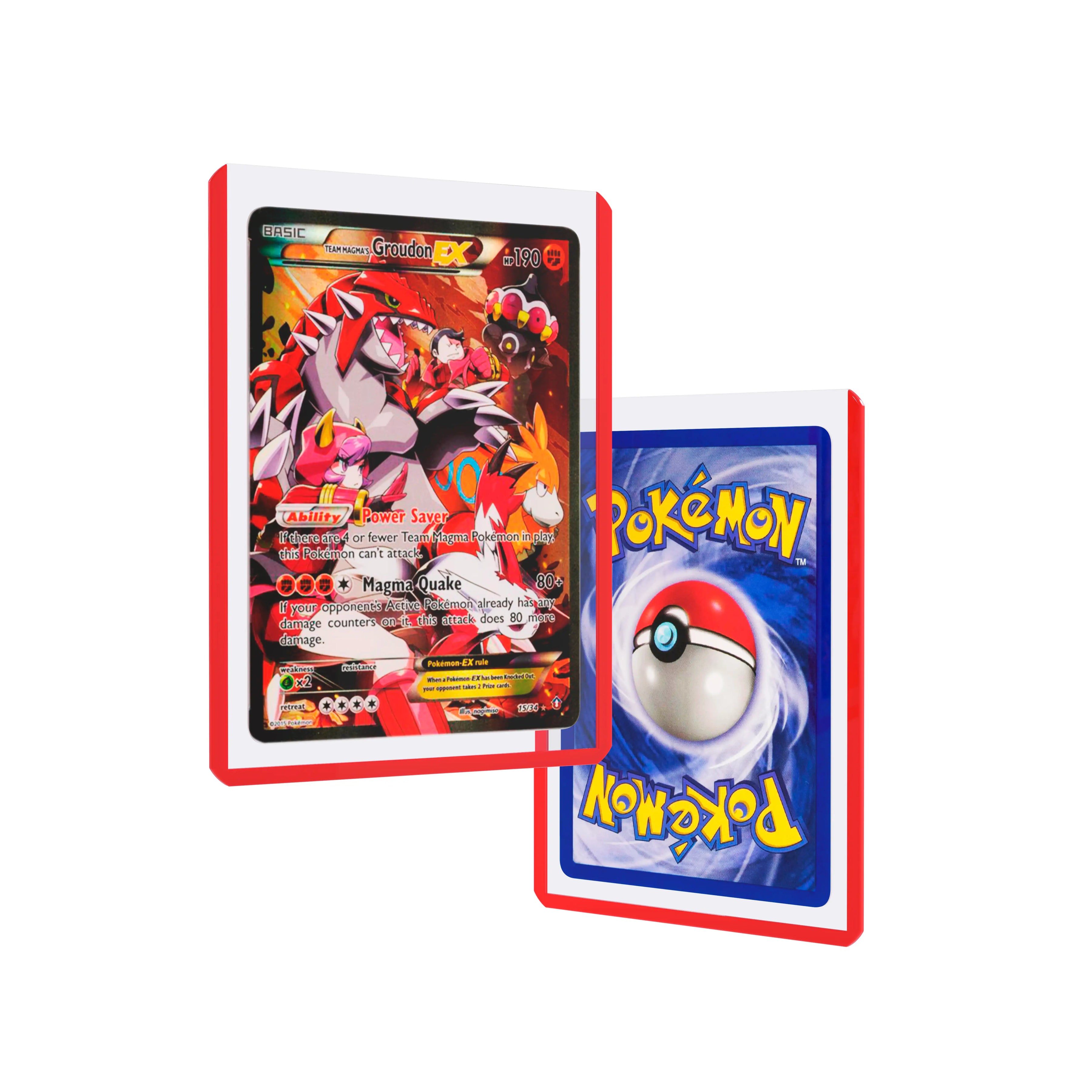 Front and back duo view of a Dragonscale Colored Toploader Red, featuring a Groudon Ex Double Crisis PSA 10 Pokemon card.
