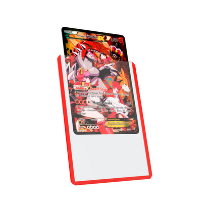 Display and demo view of a PSA slab in Dragonscale Colored Toploader Red, featuring a Groudon Ex Double Crisis PSA 10 Pokemon card.

