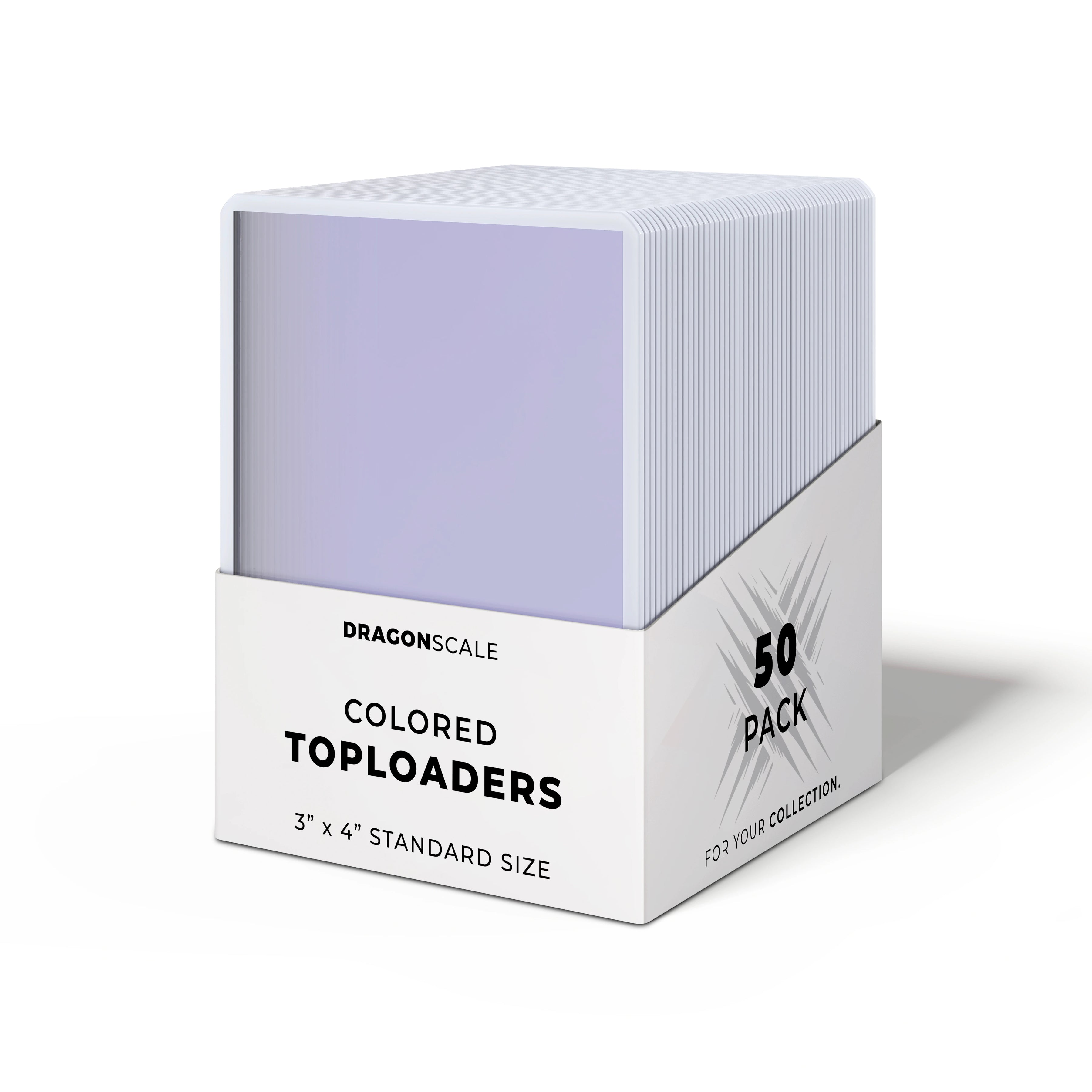 Packaging view of the Dragonscale 50 pack Colored Toploader White for Standard Trading Cards with Dragonscale packaging box and label.
