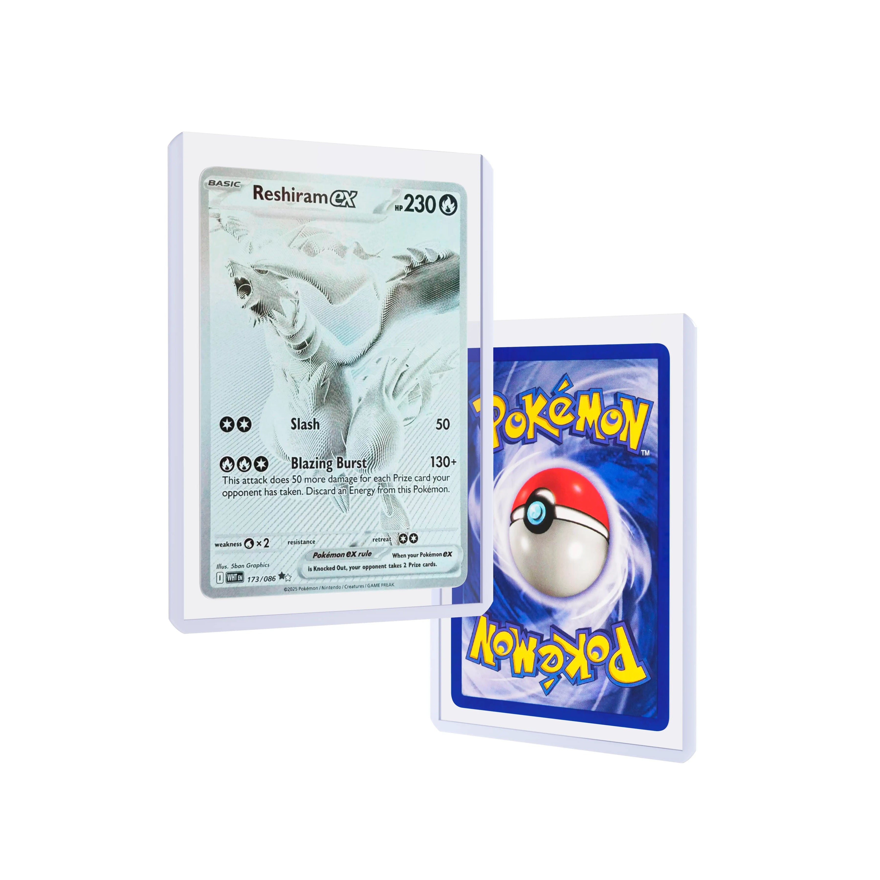 Front and back duo view of a Dragonscale Colored Toploader White, featuring a Reshiram EX   White Flare PSA 10 Pokemon card.