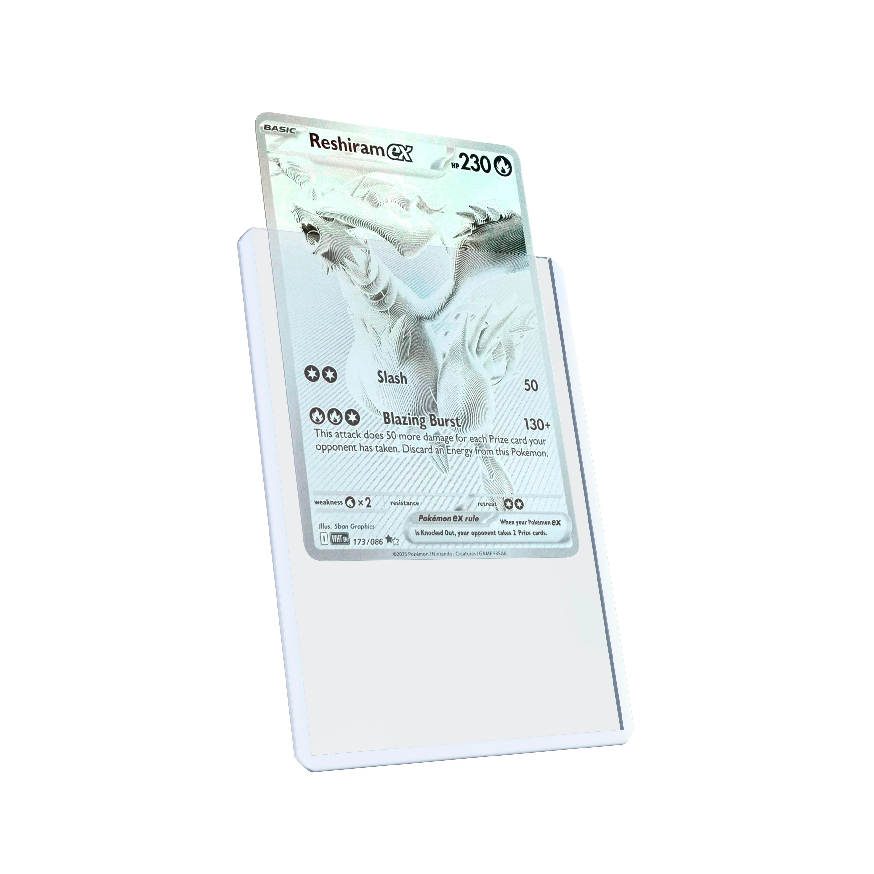 Display and demo view of a PSA slab in Dragonscale Colored Toploader White, featuring a Reshiram EX   White Flare PSA 10 Pokemon card.