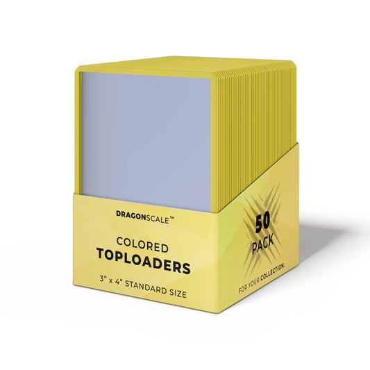 Packaging view of the Dragonscale 50 pack Colored Toploader Yellow for Standard Trading Cards with Dragonscale packaging box and label.