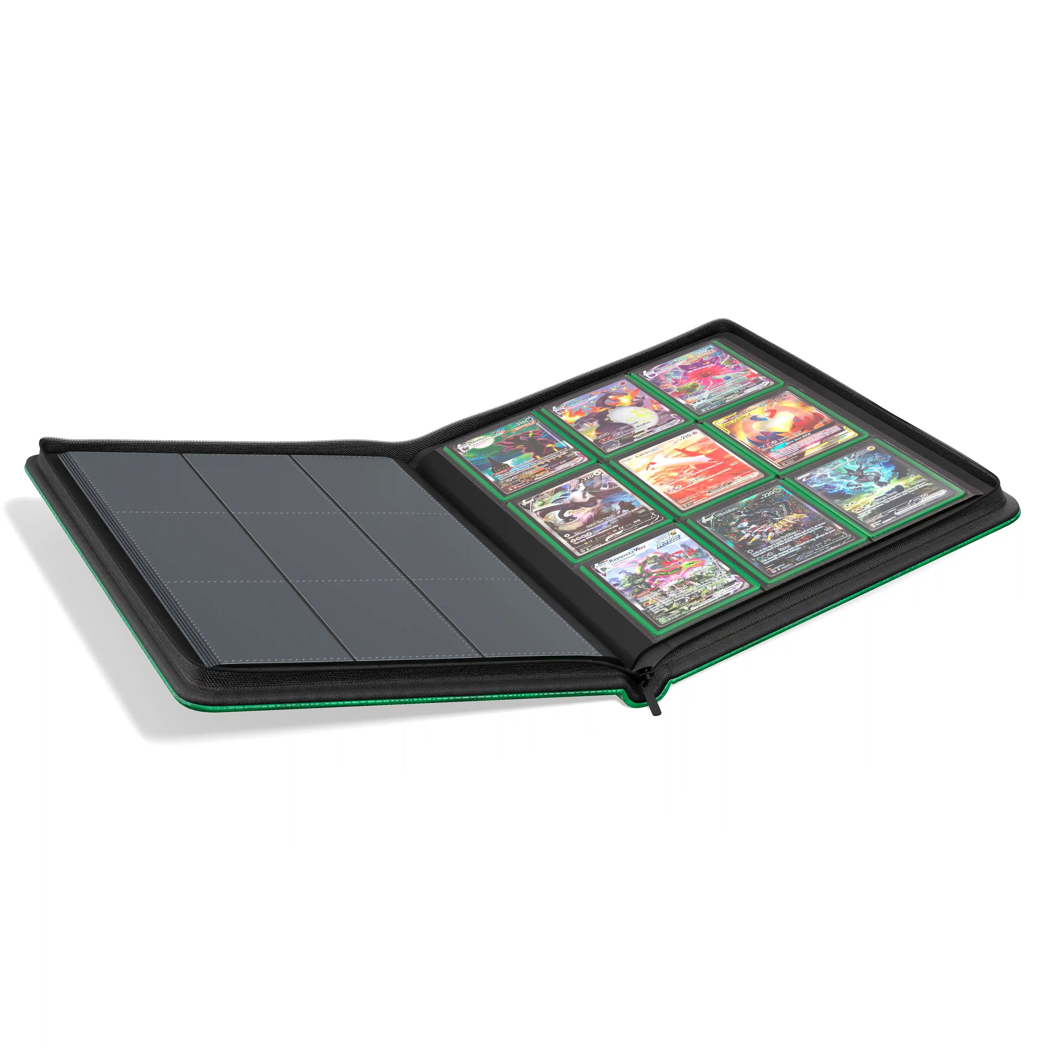 Open view with Pokémon cards of the Dragonscale Y9 Dragon card binder album in forest green scale pattern.