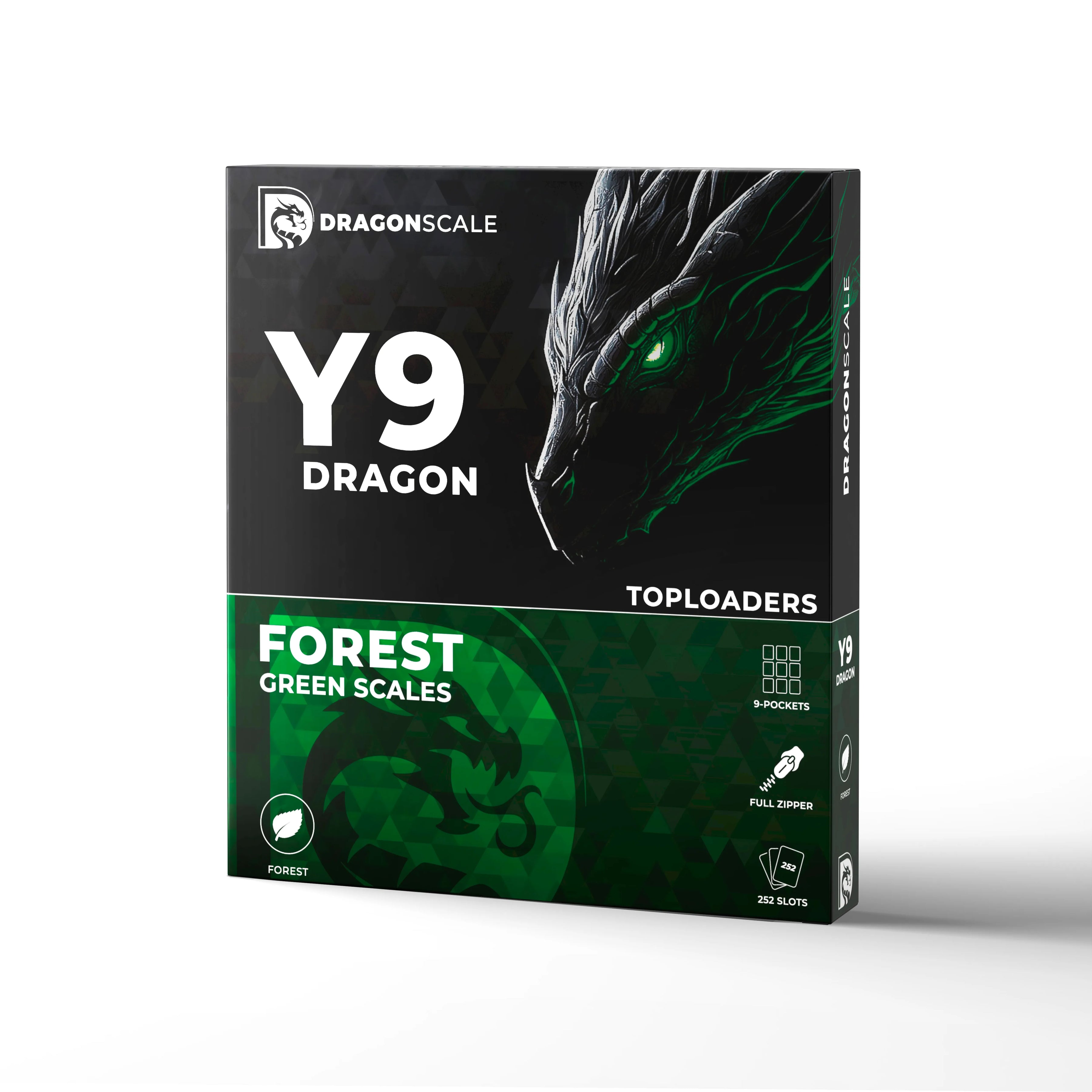Packaging box view of the Dragonscale Y9 Dragon card binder album in forest green scale pattern.
