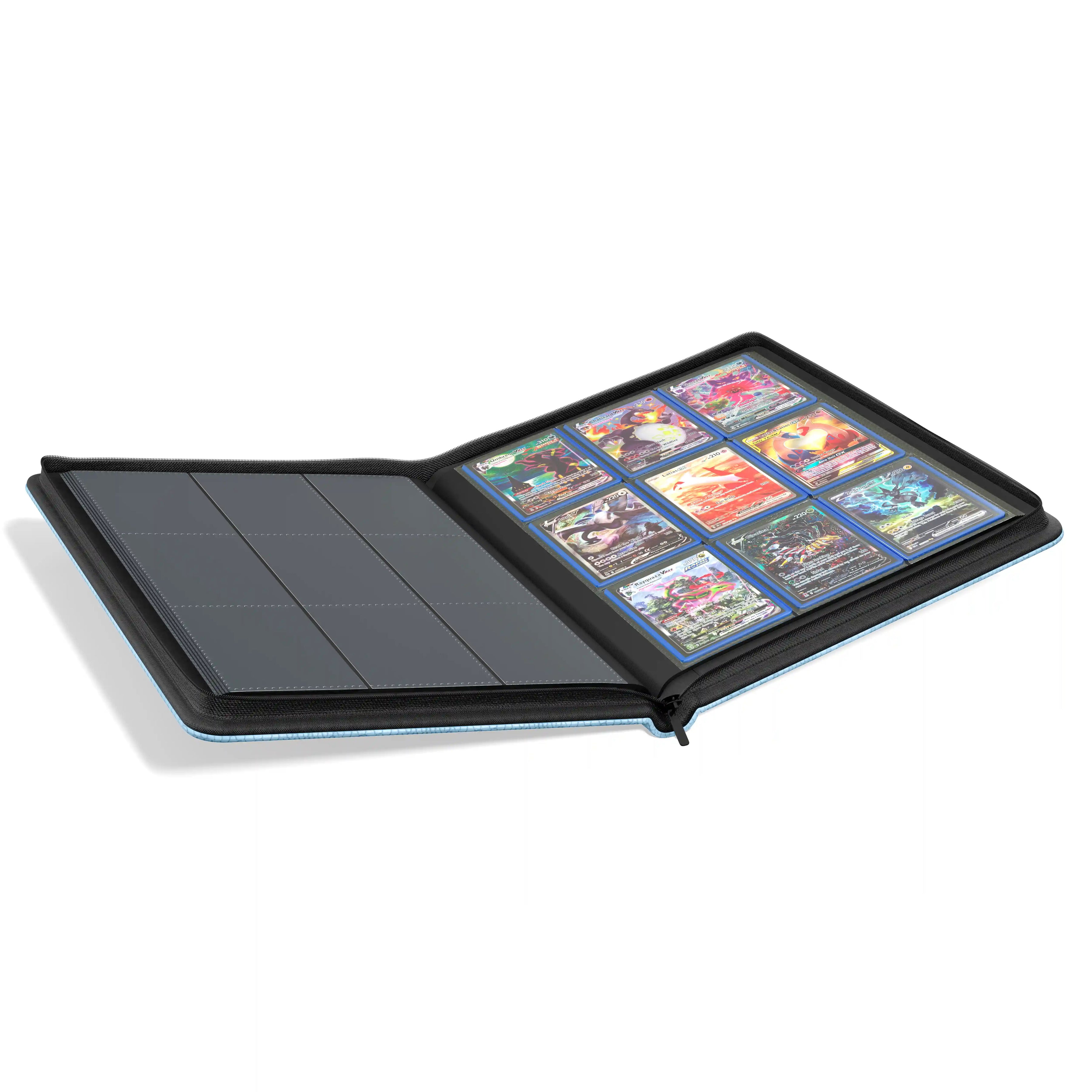 Open view with Pokémon cards of the Dragonscale Y9 Dragon card binder album in glacial blue scale pattern.
