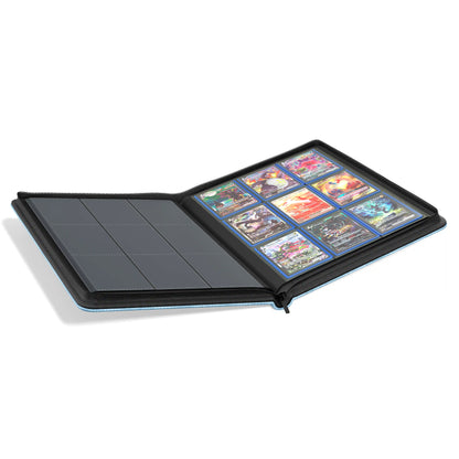 Open view with Pokémon cards of the Dragonscale Y9 Dragon card binder album in glacial blue scale pattern.
