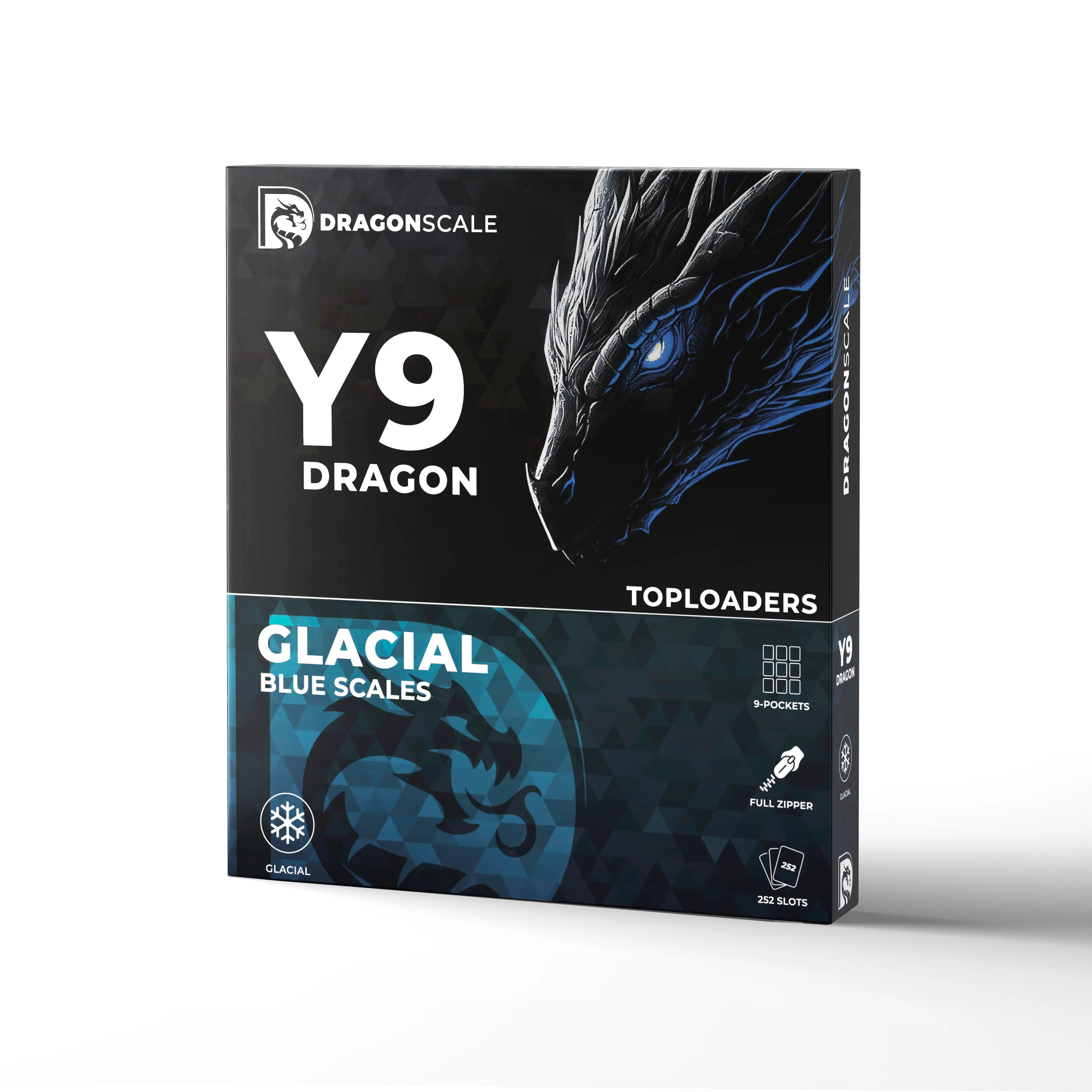 Packaging box view of the Dragonscale Y9 Dragon card binder album in glacial blue scale pattern.
