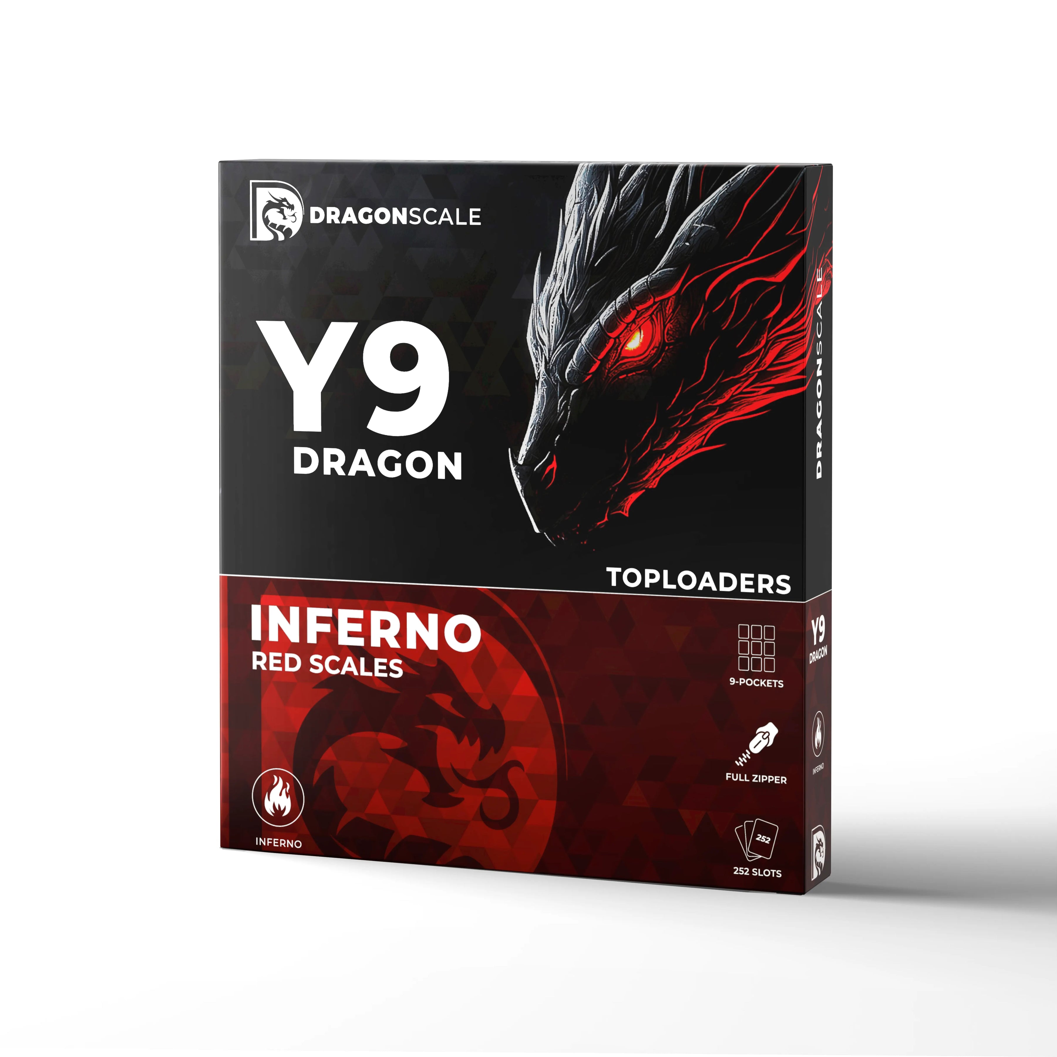 Packaging box view of the Dragonscale Y9 Dragon card binder album in inferno red scale pattern.
