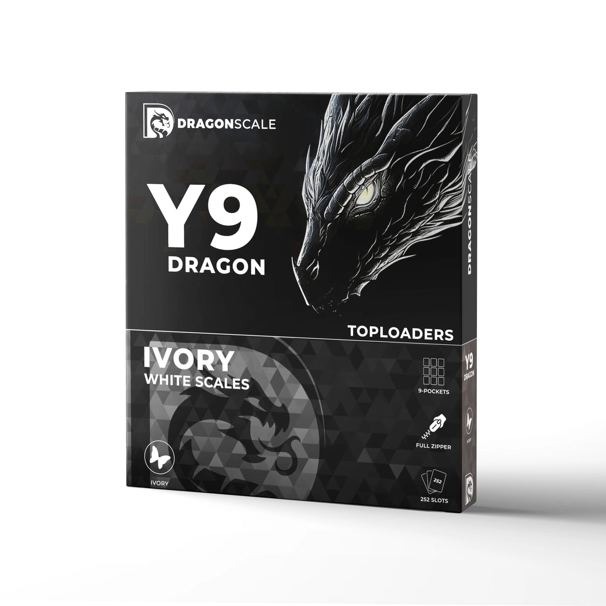 Packaging box view of the Dragonscale Y9 Dragon card binder album in ivory white scale pattern.
