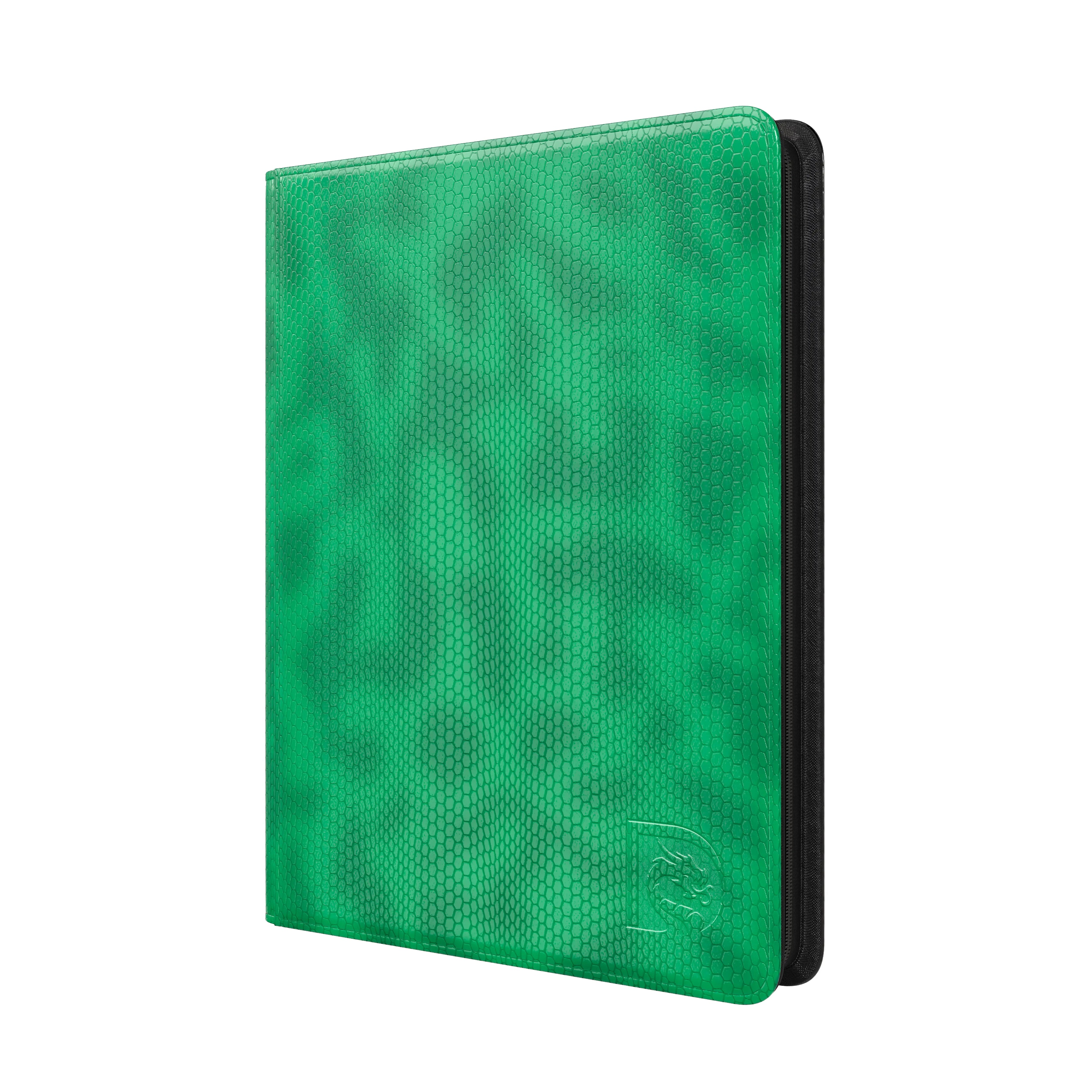 Front view of the Dragonscale Z9 Dragon card binder album in forest green scale pattern.