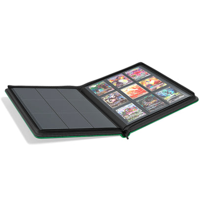 Open view with Pokémon cards of the Dragonscale Z9 Dragon card binder album in forest green scale pattern.
