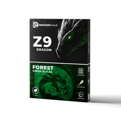 Packaging box view of the Dragonscale Z9 Dragon card binder album in forest green scale pattern.
