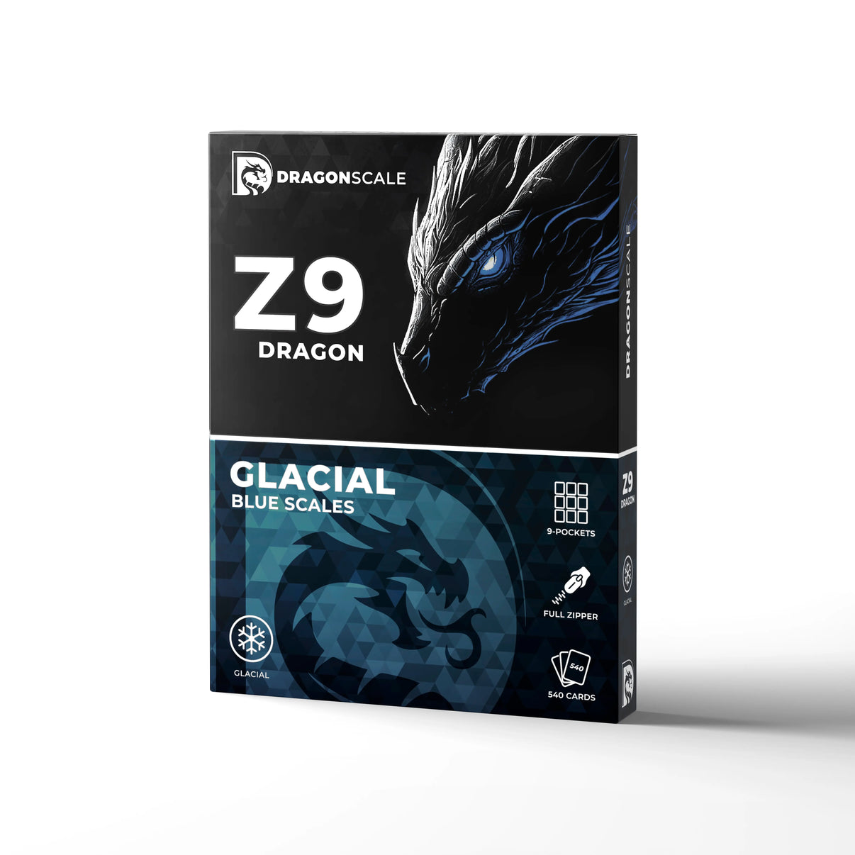 Packaging box view of the Dragonscale Z9 Dragon card binder album in glacial blue scale pattern.
