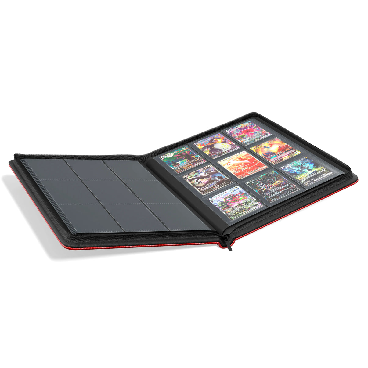 Open view with Pokémon cards of the Dragonscale Z9 Dragon card binder album in inferno red scale pattern.