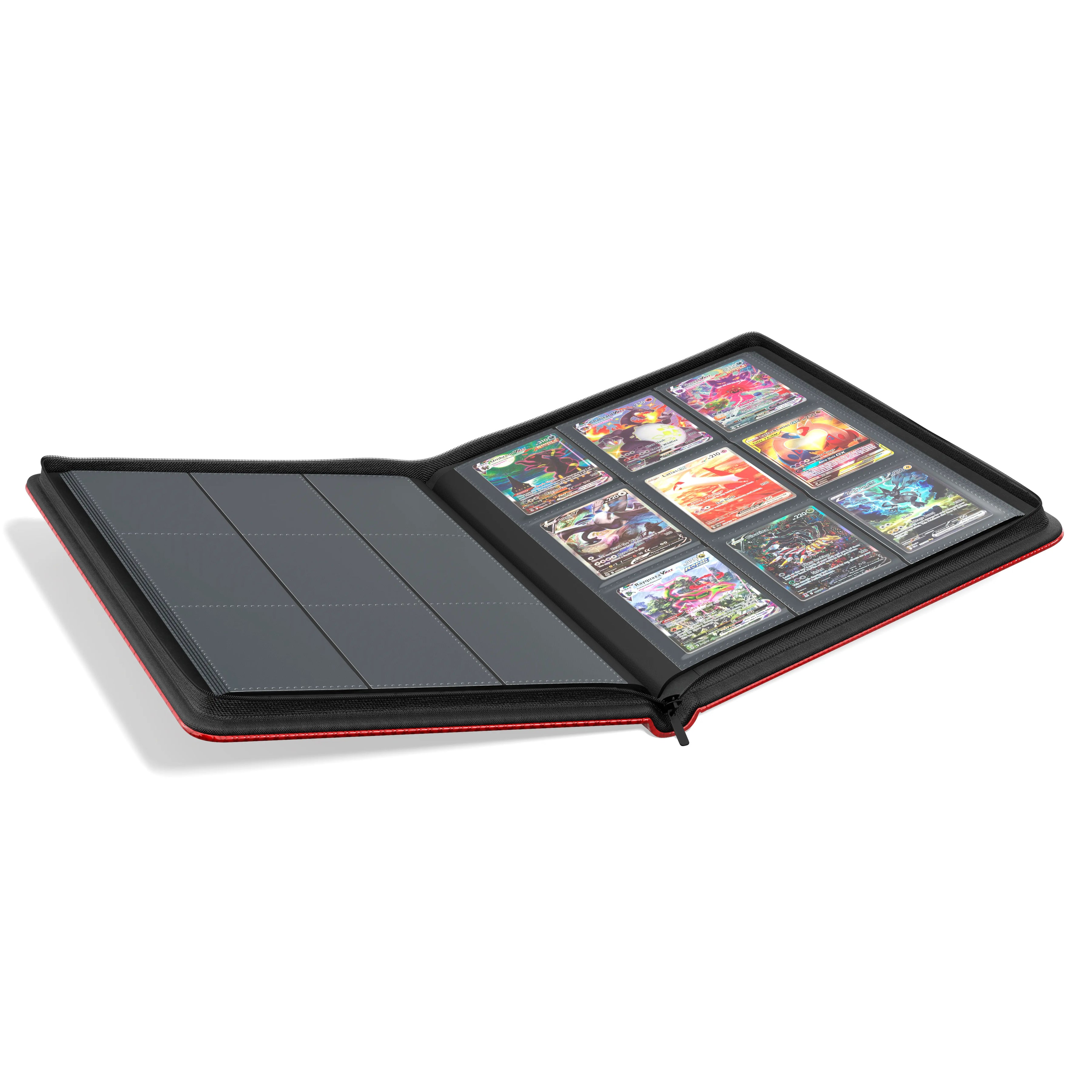 Open view with Pokémon cards of the Dragonscale Z9 Dragon card binder album in inferno red scale pattern.