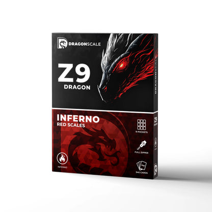 Packaging box view of the Dragonscale Z9 Dragon card binder album in inferno red scale pattern.