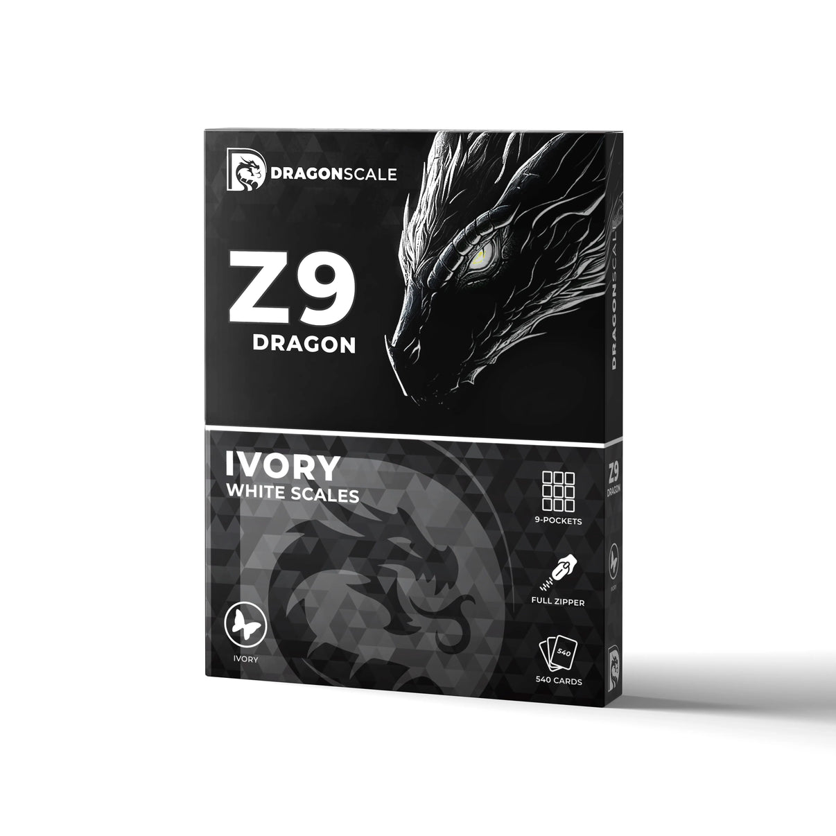 Packaging box view of the Dragonscale Z9 Dragon card binder album in ivory white scale pattern.