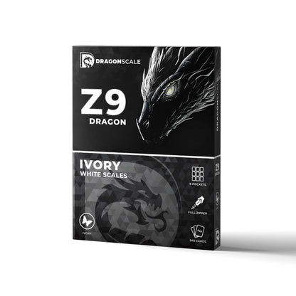 Packaging box view of the Dragonscale Z9 Dragon card binder album in ivory white scale pattern.