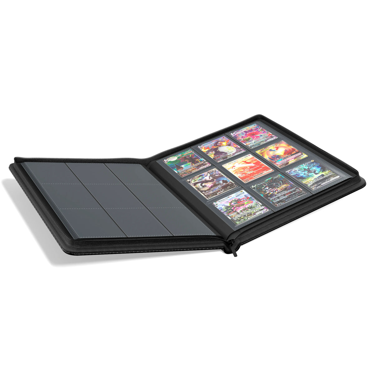 Open view with Pokémon cards of the Dragonscale Z9 Dragon card binder album in shadow black scale pattern.
