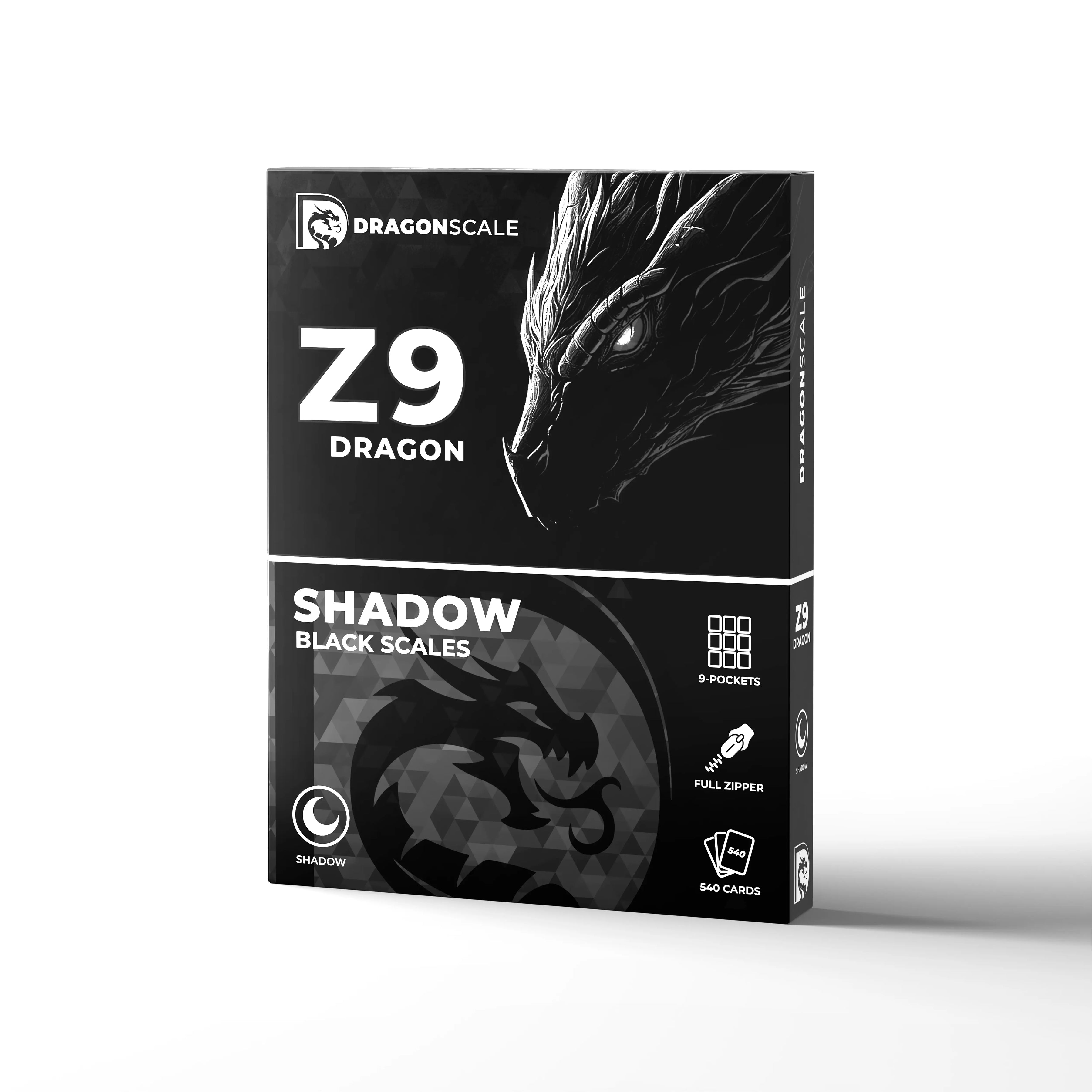 Packaging box view of the Dragonscale Z9 Dragon card binder album in shadow black scale pattern.
