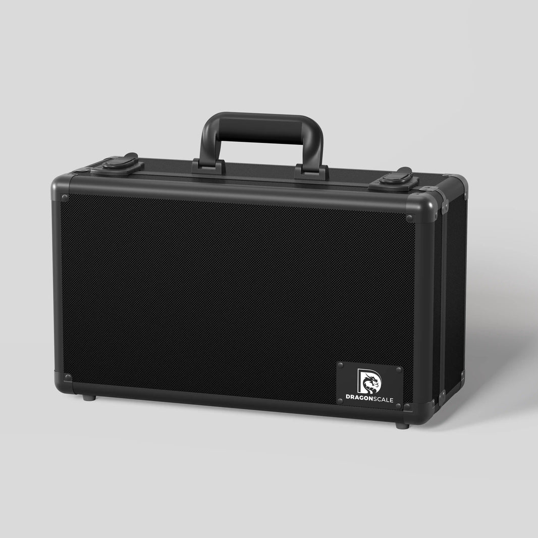 Front closed view of the  Dragonscale Leviathan XL-130 compact metal slab case in carbon black.
