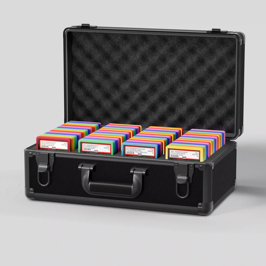 Open view of the Dragonscale Leviathan XL-130 Compact metal slab case in carbon black holding 130+ PSA-Sized Slabs / 85+ BGS-Sized Slabs with Dragonscale guards.