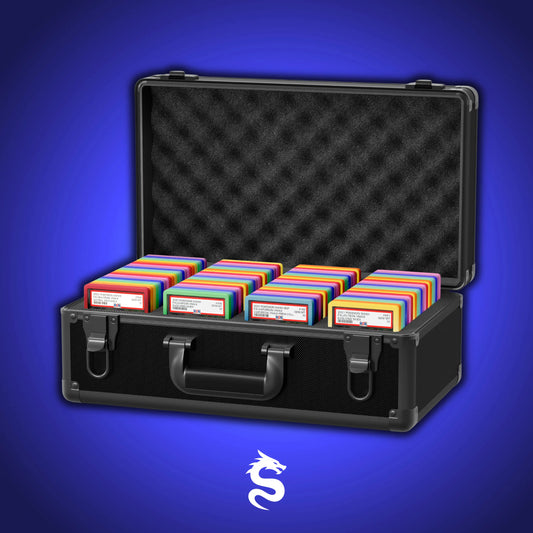 Open view of the Dragonscale Leviathan XL-130 Compact metal slab case in carbon black holding PSA slabs with Dragonscale guards.